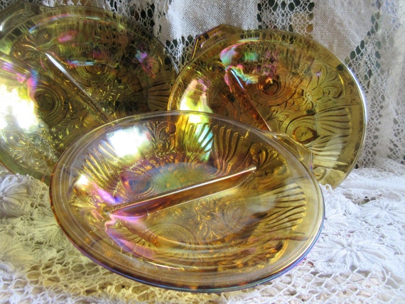 3 Pieces Serving Dishes, Carnival Glass, Divided Bowls, Matching