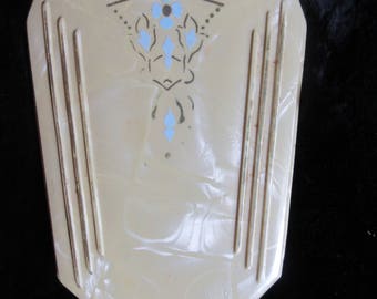 30's art deco hand mirror, marbleized celluloid with deco design, ecru, great condition, retro, collectible, cottage, shabby chic