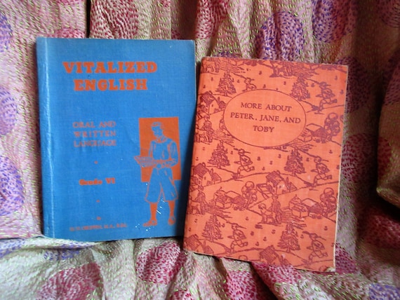 Libro de lectura de la década de 1940 y libro en inglés, gráfico y