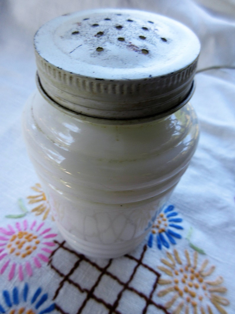 white milk glass shaker retro kitchen metal screw on top chubby with ridges 1920s farmhouse vintage flour or sugar shaker cottage chic