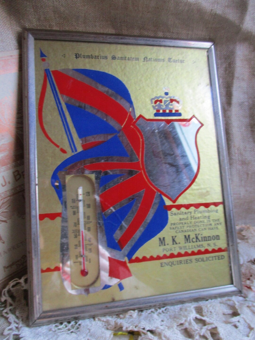 1930's Promotional Wall Thermometer With British Flag Design on Mirror