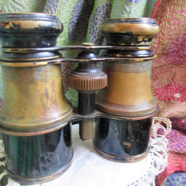 brass steampunk style antique binoculars, circa 1910, black enamel, wonderful patina, perfect display, opera, horse races, steampunk,, art,