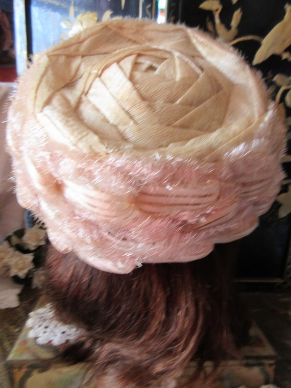 60's pale pink/beige summer hat, pillbox style, t… - image 4