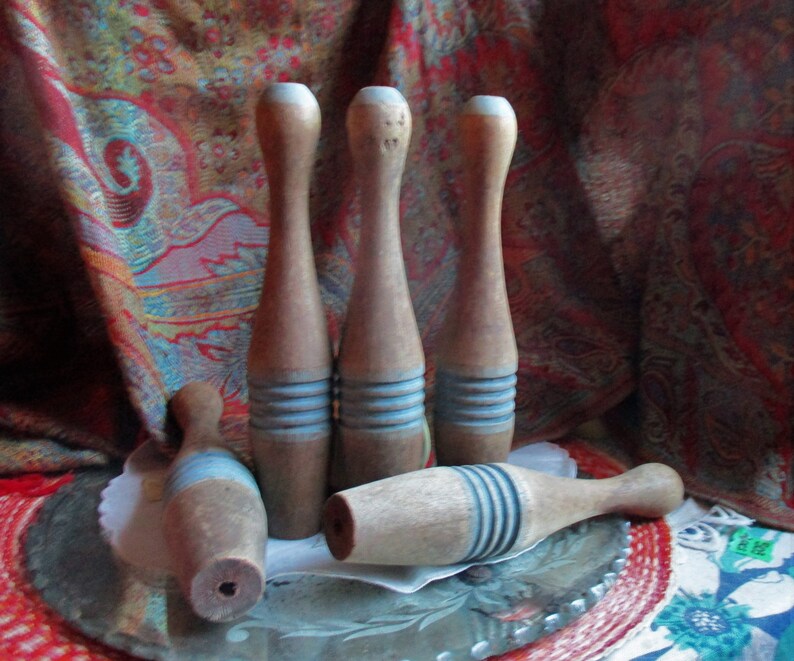 5 Antique Wood Bowling Pins Skittles Home Version Hand Etsy