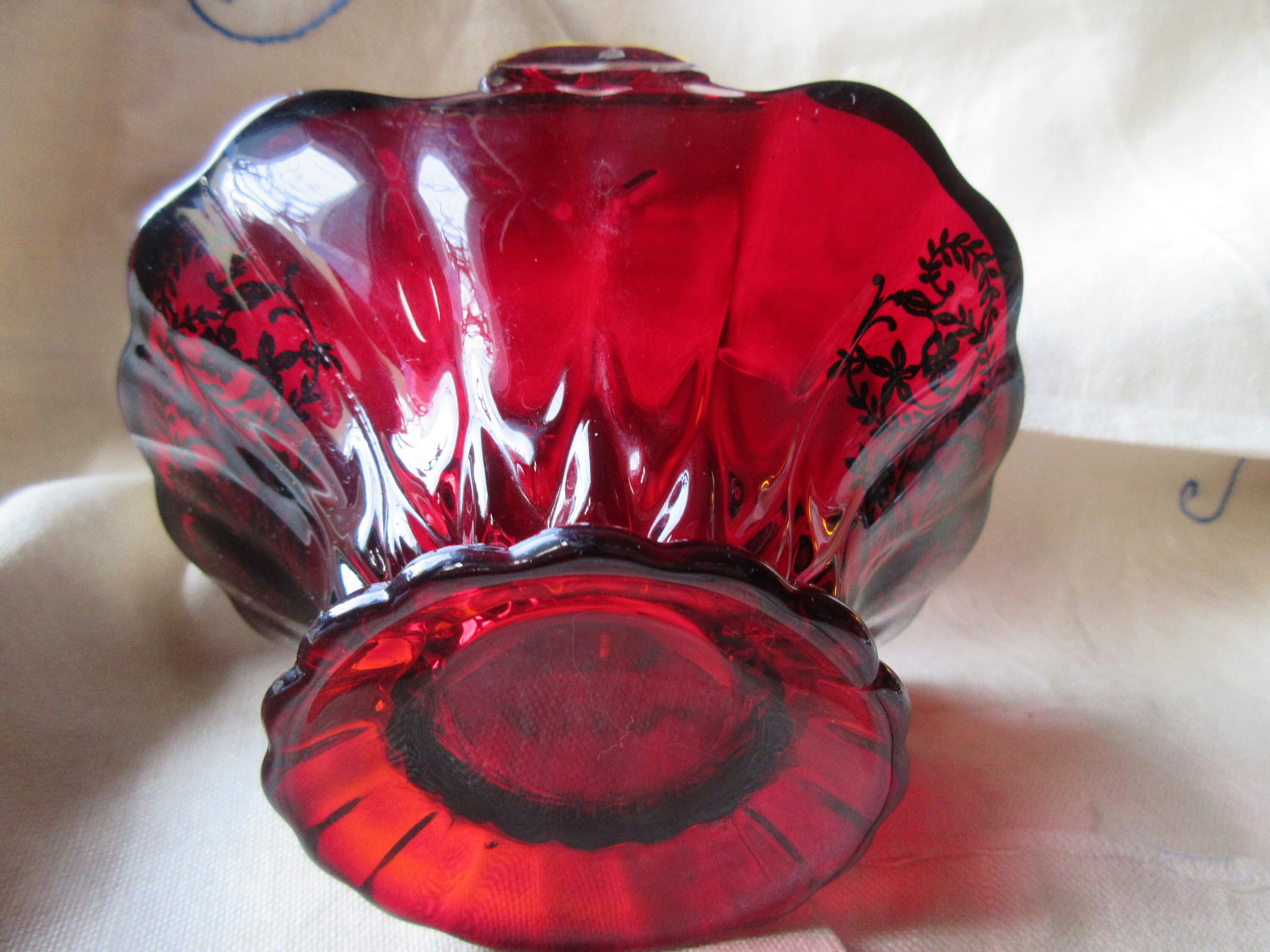 Vintage red glass bowl gold regency design 1920's Etsy