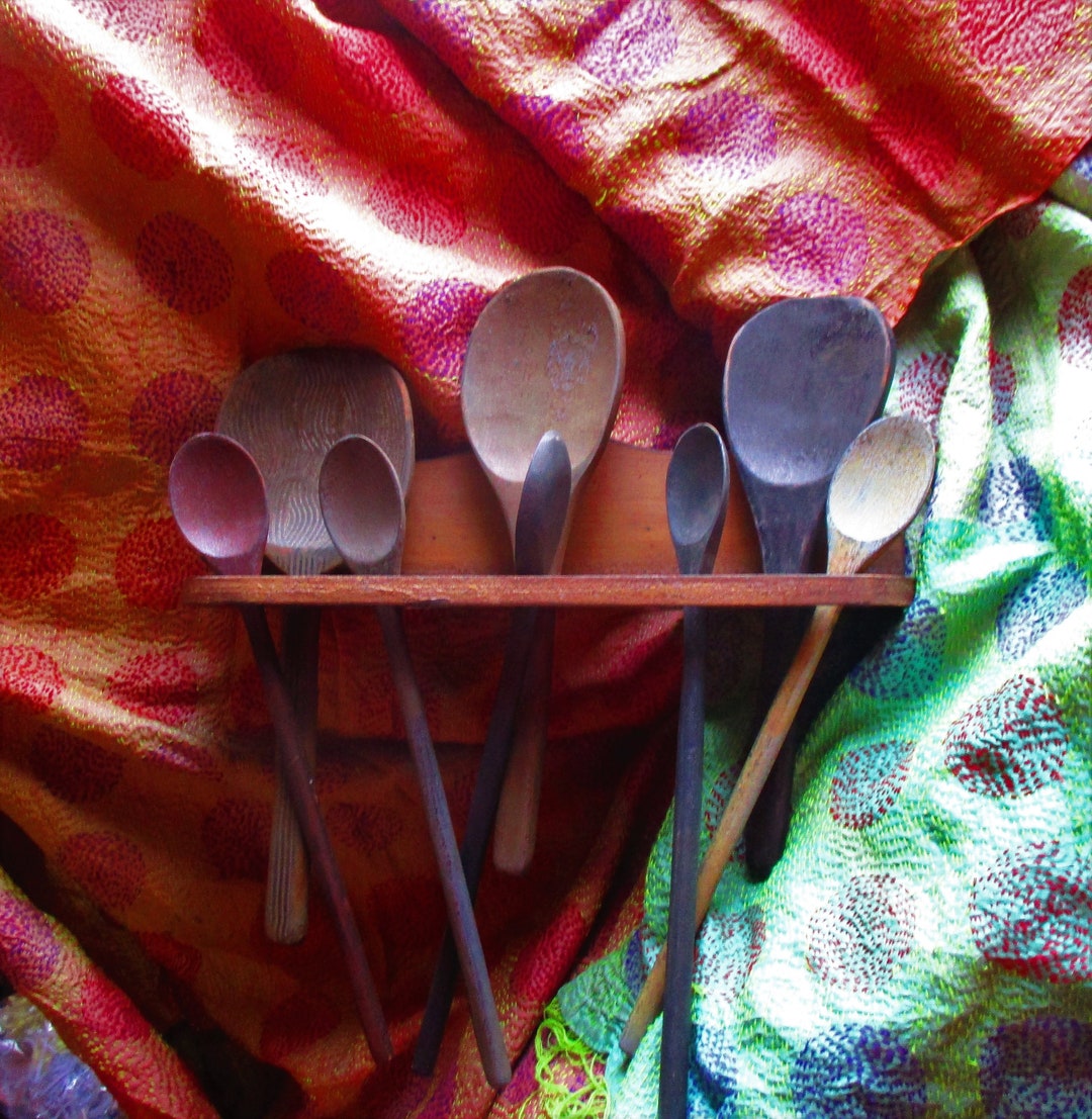 Collection of Wooden Spoons, Wooden Hanging Rack With Holes, 8 Spoons ...