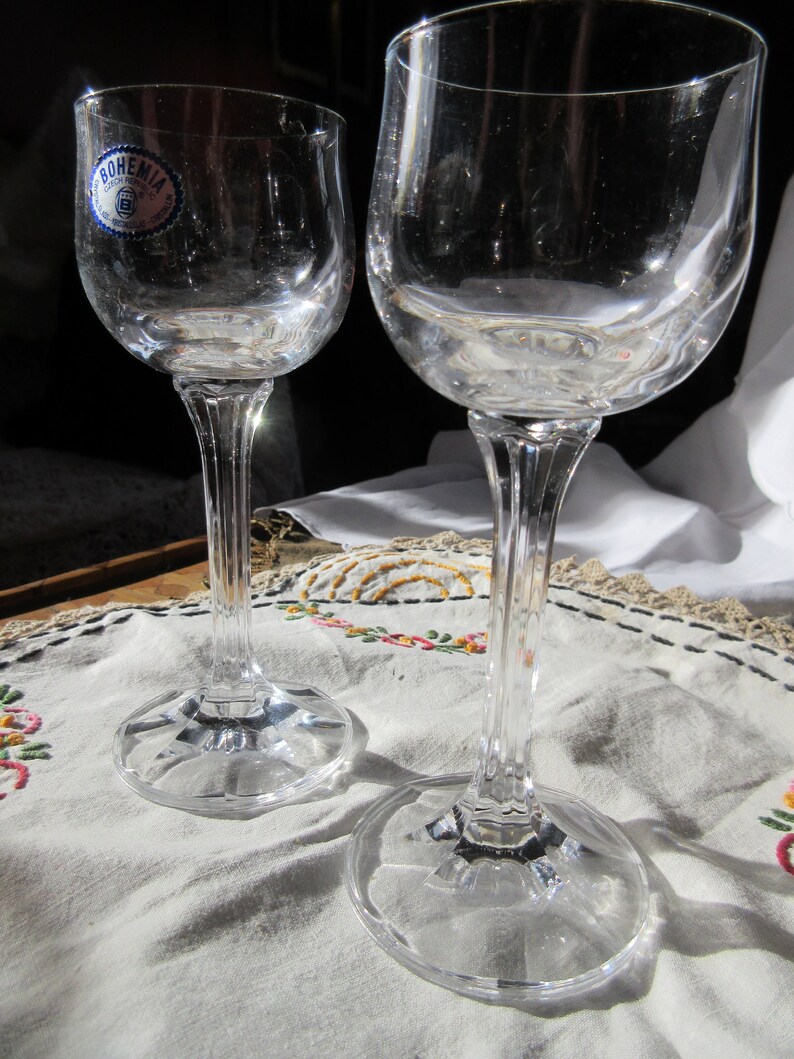 2 Crystal Liqueur Glasses Tall Stemmed Round Bowl Bohemia Etsy