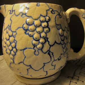 vintage jug, white with blue grape design, raised design, 1920's, farmhouse decor, cottage, shabby chic, made in japan
