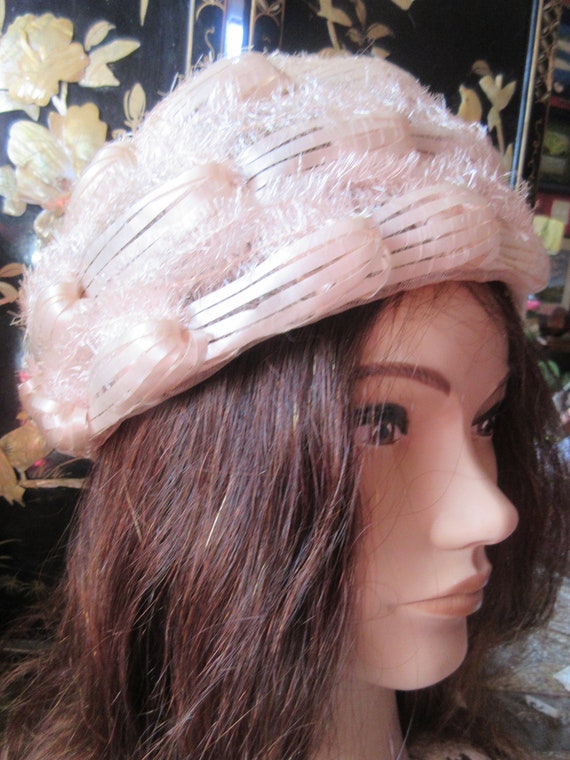 60's pale pink/beige summer hat, pillbox style, t… - image 3