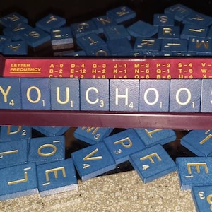 May include: A close-up of a Scrabble game board with the word "YOU CHOOSE" spelled out in tiles. The tiles are blue with gold lettering and are arranged in a row on the board. The board is red and has a small white label that says "LETTER FREQUENCY".