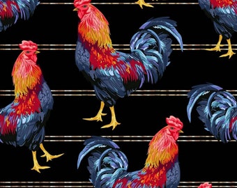 May include: A seamless pattern featuring colorful roosters with red, blue, and yellow feathers against a black background with gold stripes.