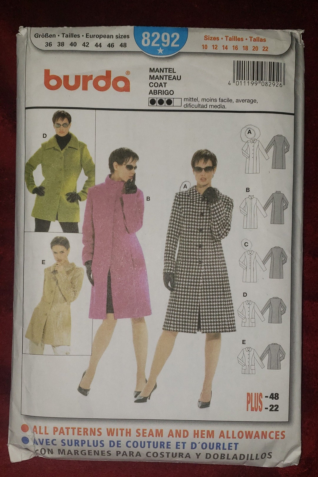 Burda Womans Coat Pattern 8292 Size 36, 38, 40, 42, 44, 46, 48 - Etsy
