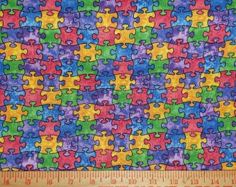 Autism fabric, multicolored puzzle piece fabric, fat quarter, half yard, by the yard, 100% cotton