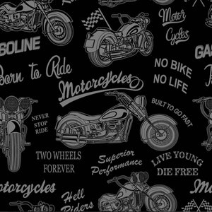 Motorcycle fabric, cotton Quilting fabric, black fabric, born to ride fabric,  motorcycle allover