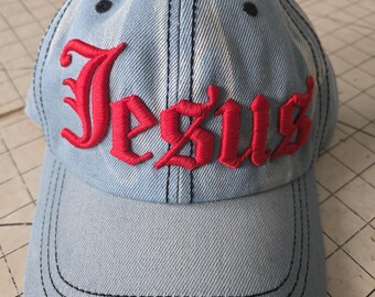 Puffy foam Jesus embroidered denim hat, Custom Embroidery, Custom Puff 3-D Embroidered hats, custom Embroidered baseball hats,