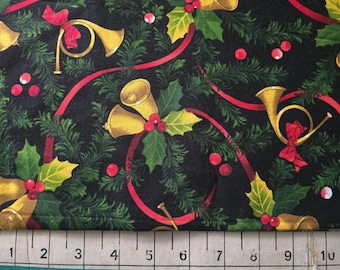 Christmas holly bells trumpet green pine cotton quilting fabric