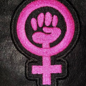 Feminist patch,  pink patch, motorcycle patch, embroidered patch, vest patch, girl power,  handmade, 3&quot; x 2 1/4&quot;,  fun patches