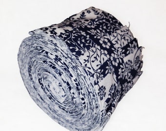 Navy blue and white floral 2.5 inch jelly roll, cotton Quilting fabric, 16 strips in each roll