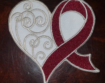 Head and throat cancer awareness heart ribbon, motorcycle patch, Biker vest patch, fun patches, embroidered patch, burgandy and ivory ribbon