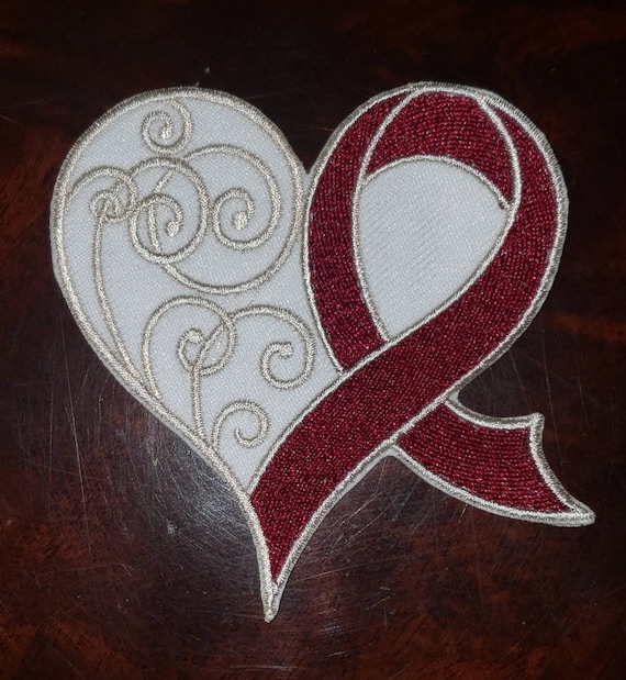 Head and throat cancer awareness heart ribbon, motorcycle patch, Biker vest patch, fun patches, embroidered patch, burgandy and ivory ribbon