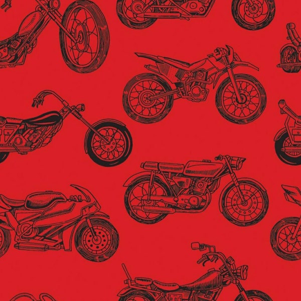 Motorcycle fabric, cotton Quilting fabric, motorcycles all over, red fabric