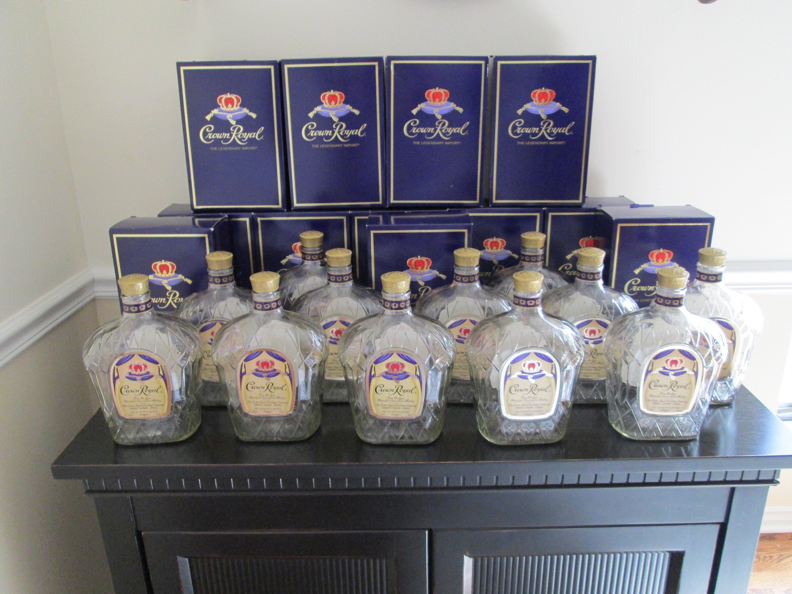 Lot of 3 Empty 1 Liter Crown Royal Whiskey Bottles With Caps and Boxes