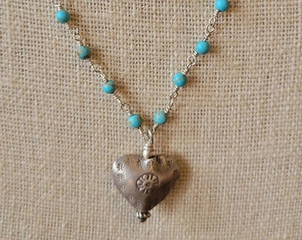 Turquoise Puffy Heart Silver Necklace