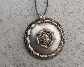 Silver Medallian with Crocheted Cord Necklace