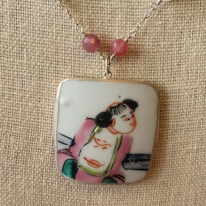 Chinese Ceramic Rose Quartz Pendant Necklace