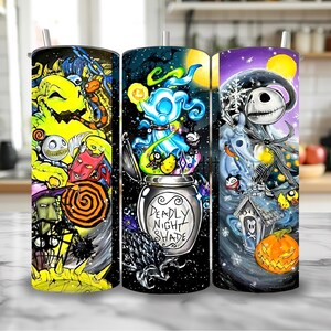 May include: Three stainless steel tumblers with different designs featuring characters from the Nightmare Before Christmas. The first tumbler features a green and yellow character with a red devil and a green monster. The second tumbler features a blue and white character with a jar that says "Deadly Night Shade". The third tumbler features a black and white character with a pumpkin and a house.