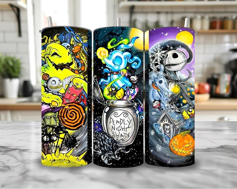 May include: Three stainless steel tumblers with different designs featuring characters from the Nightmare Before Christmas. The first tumbler features a green and yellow character with a red devil and a green monster. The second tumbler features a blue and white character with a jar that says "Deadly Night Shade". The third tumbler features a black and white character with a pumpkin and a house.
