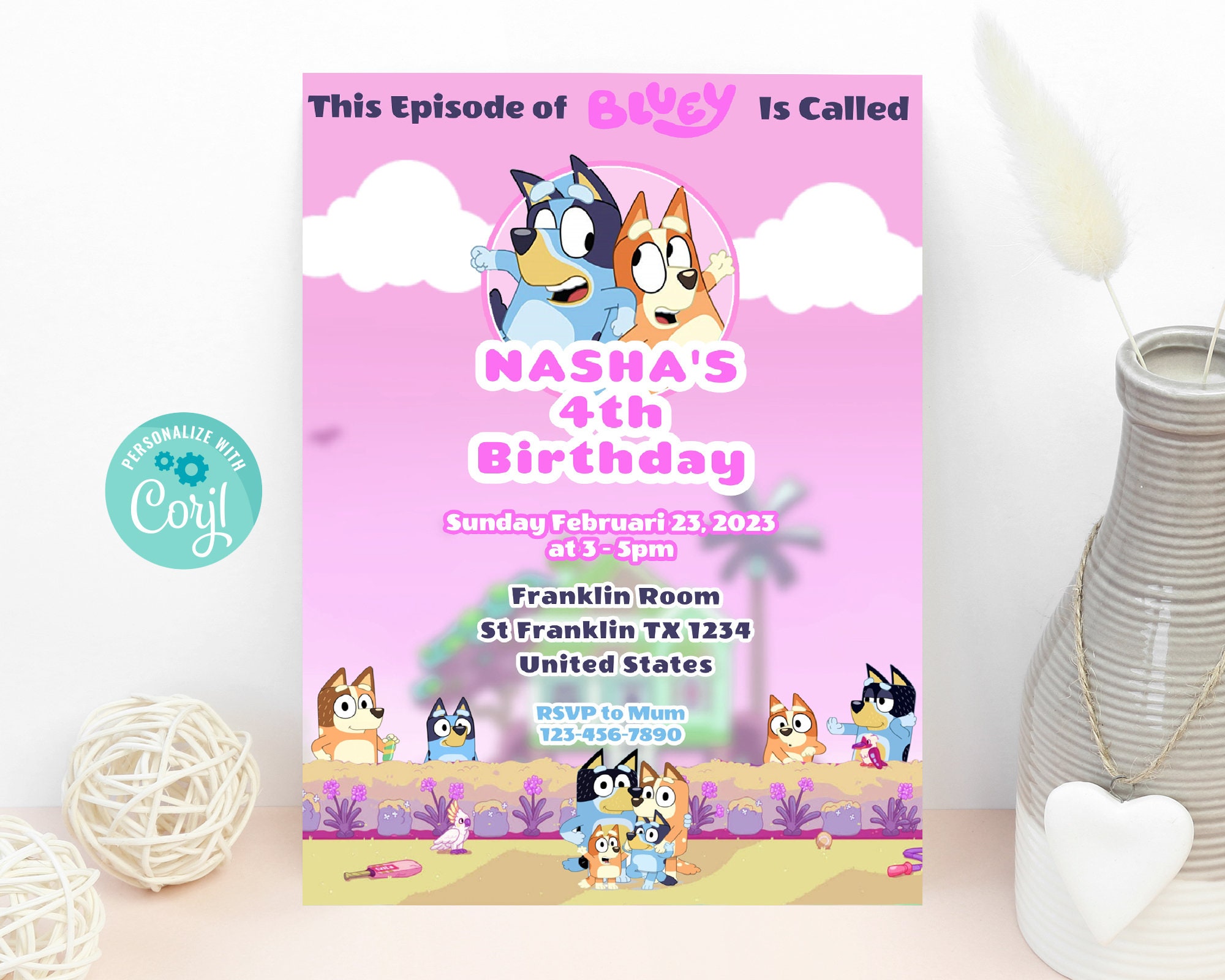 Bluey Birthday Invitation Bluey Pink Version Invite Bluey Etsy Ireland