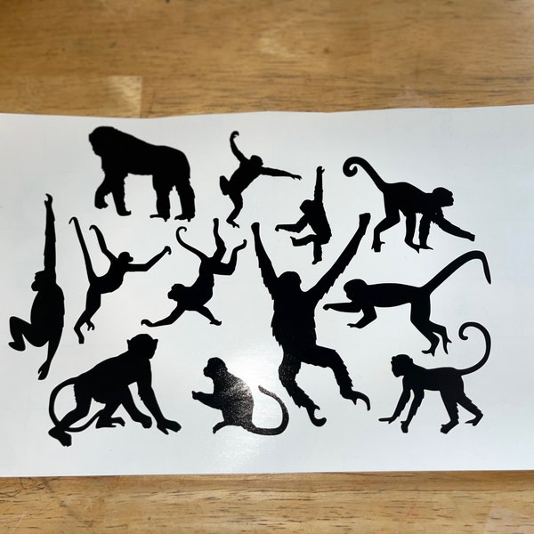 12 monkey silhouettes decals. .5” Easter egg monkey decal. Set of monkey decals. teeny tiny decals. Monkey car sticker. Window stickers.