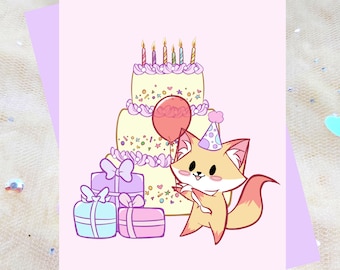 Nectarine the fox, cute birthday greeting card, blank greeting card