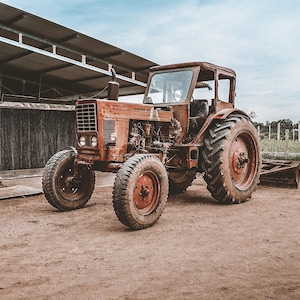 May include: A weathered orange tractor with large wheels stands on a dirt surface. The tractor features a cab and is positioned in front of a metal structure and a field with a fence.