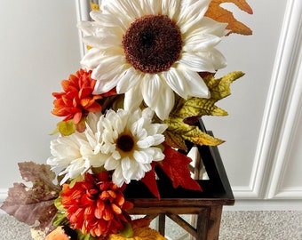 Fall White Sunflower Lantern Swag, Thanksgiving Floral Centerpiece, Halloween Wreath