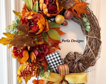 Fall Burgundy & Orange Floral Wreath, Thanksgiving Wreath, Farmhouse Wreath