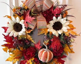 Thanksgiving Wreath, White Sunflower and Fall Foliage