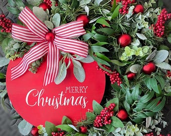 Pine Christmas Wreath with Greenery, Red Berries, Merry Chritmas Sign