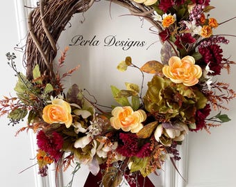 Modern Fall Grapevine Wreath with Burgundy Accents
