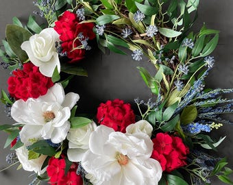 Red White Blue Floral Patriotic Grapevine Wreath