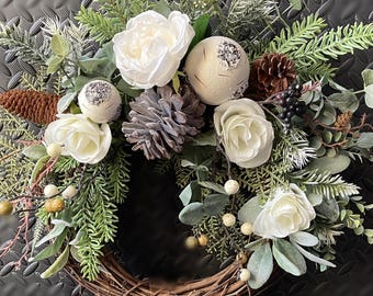 White Rose Winter Grapevine Wreath, Pine Cones, Black Berries, Natural White Ornaments