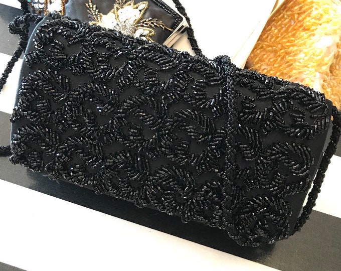 Black Beaded Clutch Pretty Little Purse Black Evening Bag Fancy Black Purse