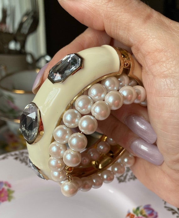Ivory Pearl Bangle, White Enamel Clamp Bracelet, C