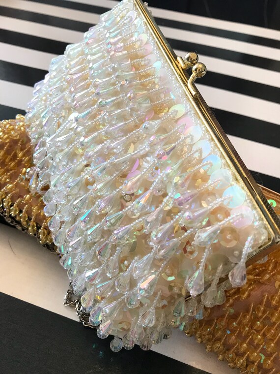 White Beaded Clutch, White Beaded Handbag, Beaded
