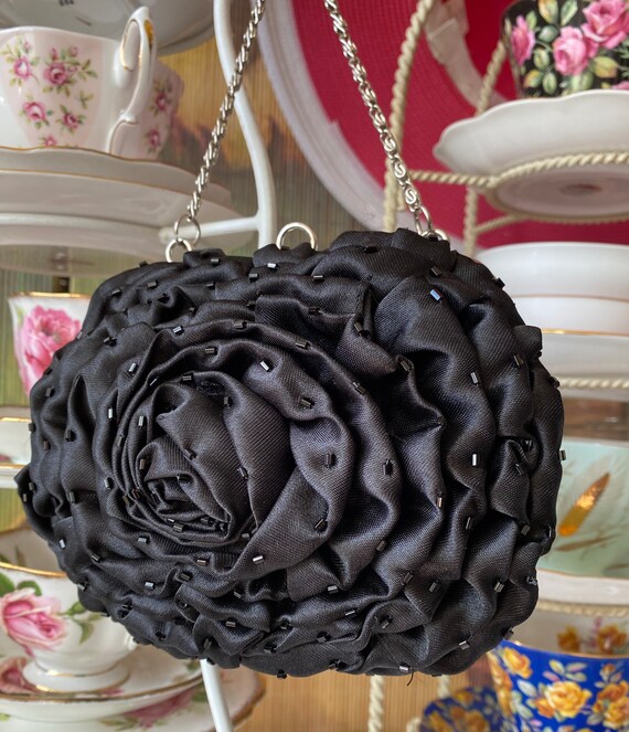 90’s Far Nine Purse, Black Satin “Rose” Purse, Black … Gem