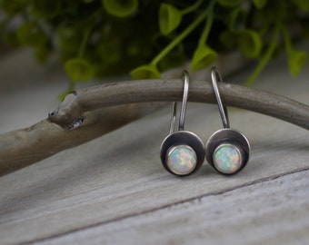 EMBER Earrings - 6mm Round White Opal Sterling Silver Dangle Earrings
