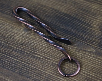 Key Ring Holder, Twisted Oxidized Copper Hook and Split Ring