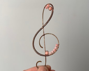 Handmade Wire Music Note Copper Hammered Beaded Musician Musical Artist Handcrafted Pink Ornament Simple Wrapped Treble Clef