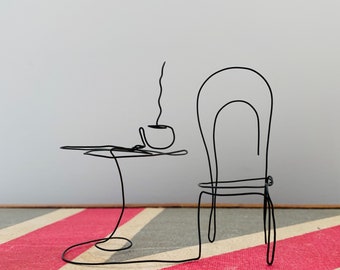Wire coffee table chair handmade figurine statue hand-crafted metal bench caffeine lover gift beans tea cup caffe shop small sculpture